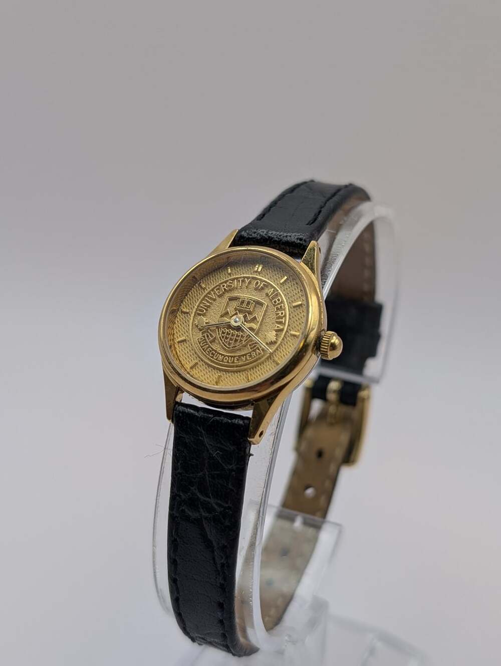 Vintage Bulova Gold-Tone Quartz University of Alberta Crest Watch, Black Leather